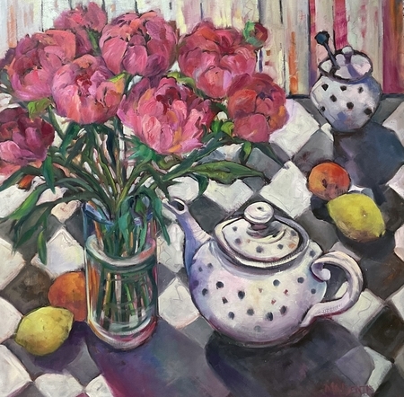 Patterns & Peonies 20x20 oil 850